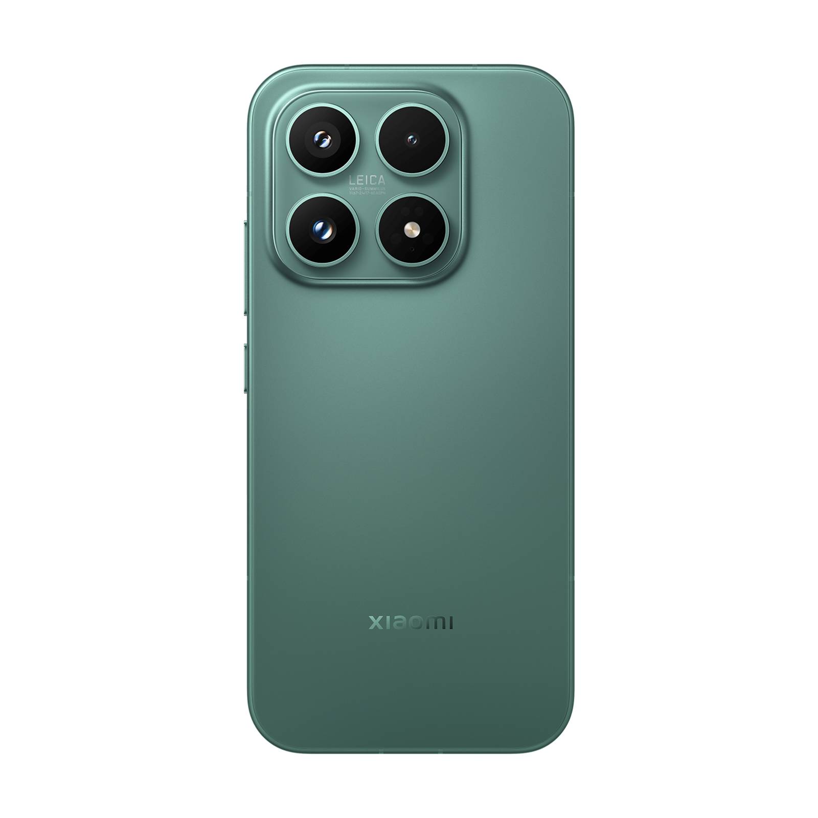 Rückansicht eines grünen Xiaomi-Smartphones mit einem quadratischen Vier-Kamera-Leica-Modul auf einfarbigem schwarzem Hintergrund.