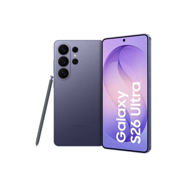 Samsung Galaxy S26 Ultra Smartphone von vorne und hinten mit Stylus gezeigt, wobei der Modellname auf dem Bildschirm angezeigt wird.