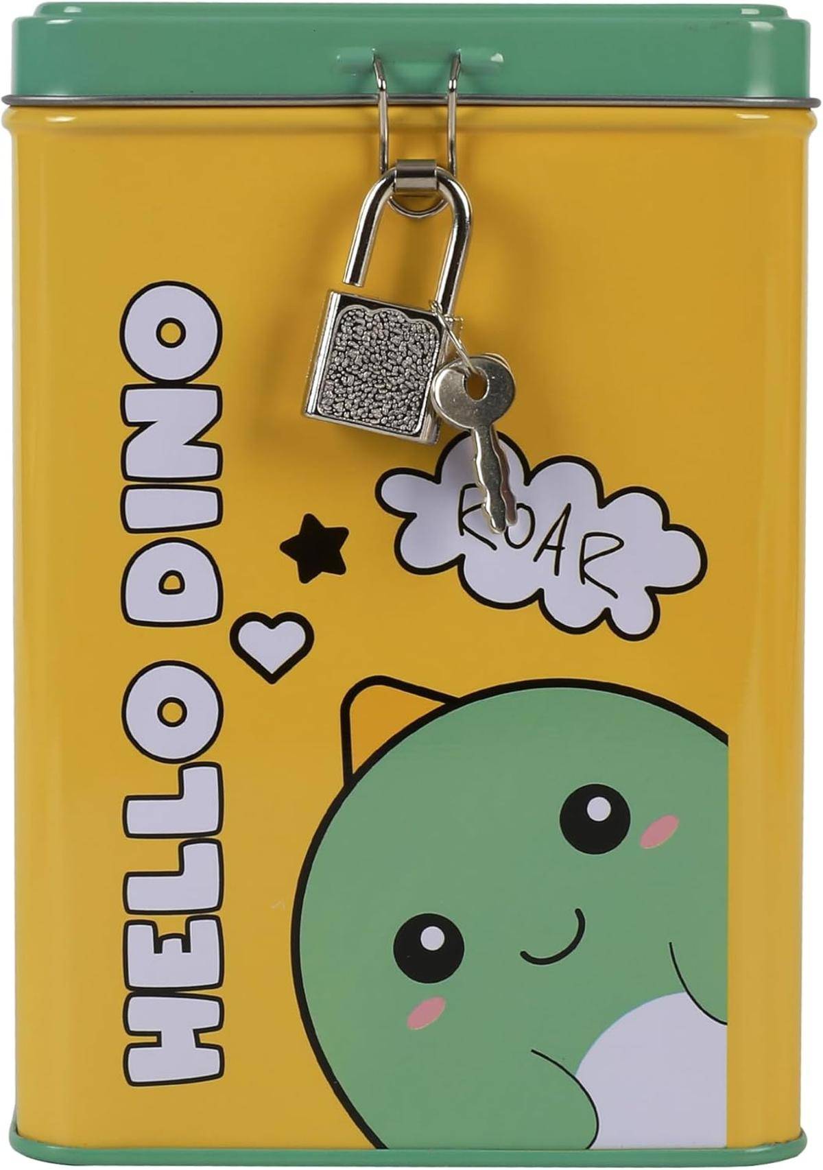 I-TOTAL® Spardose mit Vorhängeschloss Schlüssel Sparbüchse Metall Hello Dino