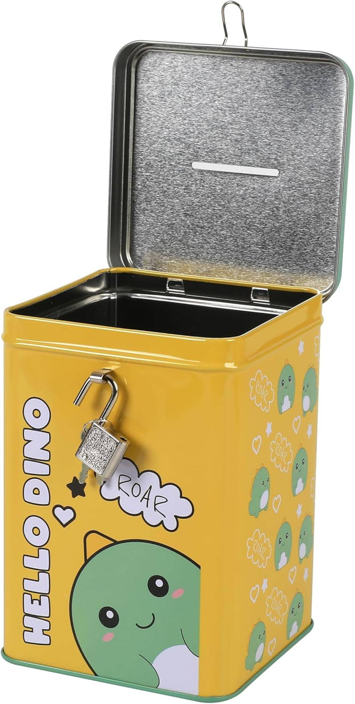 I-TOTAL® Spardose mit Vorhängeschloss Schlüssel Sparbüchse Metall Hello Dino