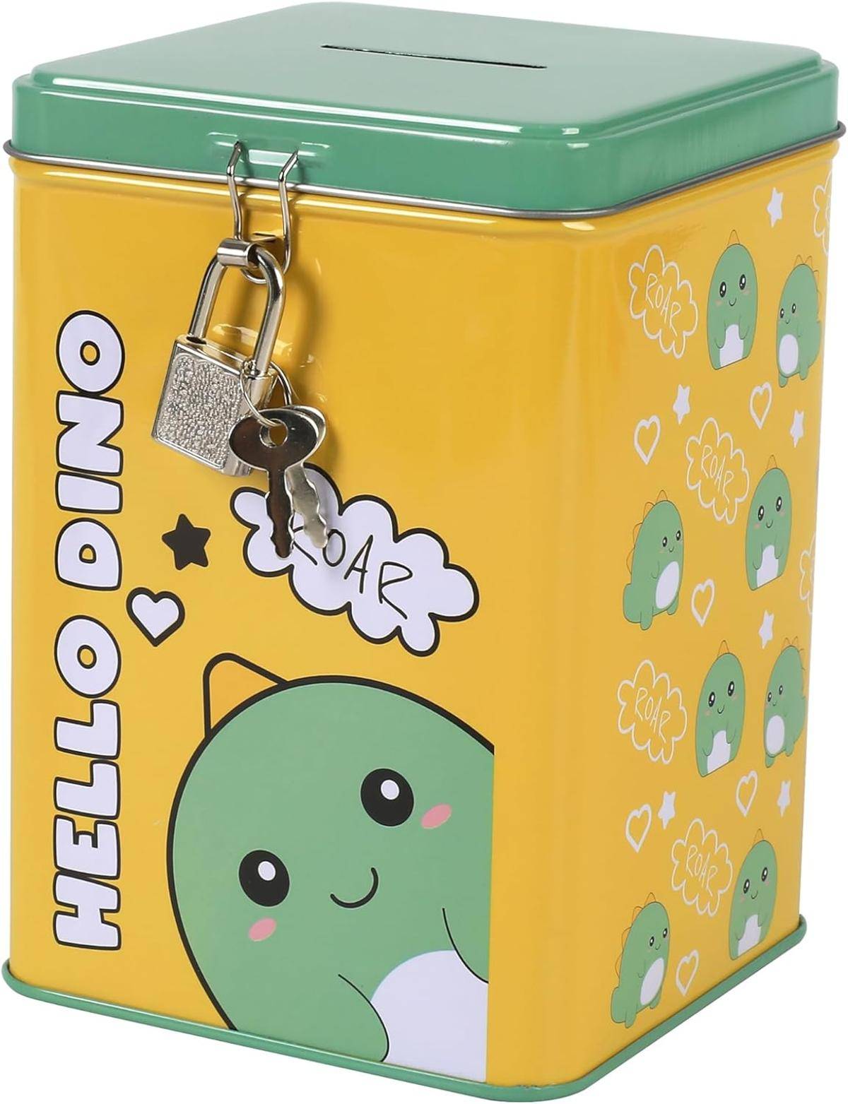 I-TOTAL® Spardose mit Vorhängeschloss Schlüssel Sparbüchse Metall Hello Dino