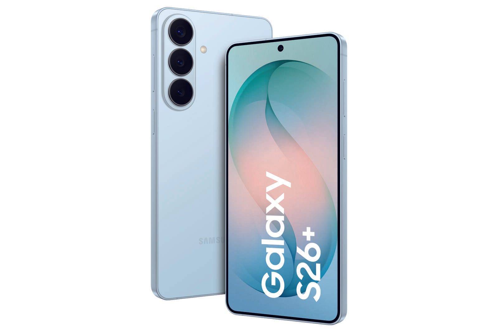 Samsung Galaxy S26+ Smartphone in Hellblau von vorne und hinten gezeigt, mit dreifacher Hintergrundkamera und 