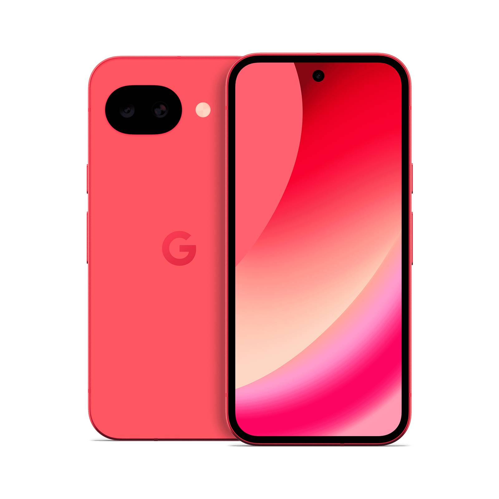 Rosa Google-Smartphone von vorne und hinten auf schwarzem Hintergrund gezeigt, mit Dual-Rückkameras und zentralem Frontkamera-Lochstanzdesign.