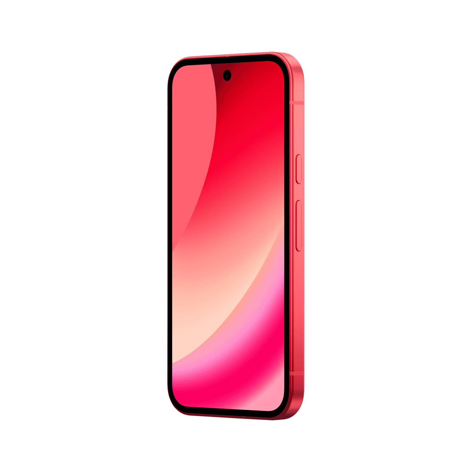 Ein rosa Smartphone in Dreiviertelansicht auf schwarzem Hintergrund, mit sichtbarem Loch-Kamera-Design an der Vorderseite und Seitentasten.