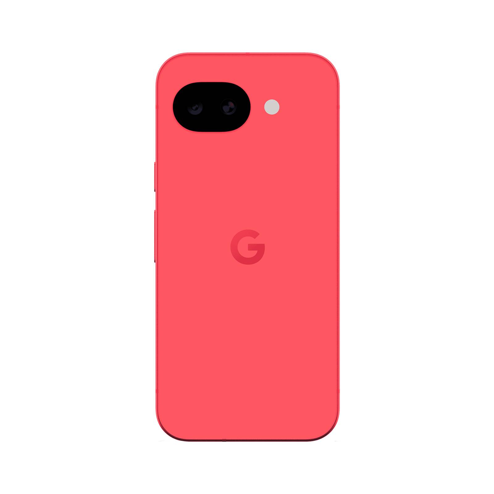 Rückansicht eines korallenrosa Google Pixel-Telefons mit Dual-Kamera-Modul und zentriertem 