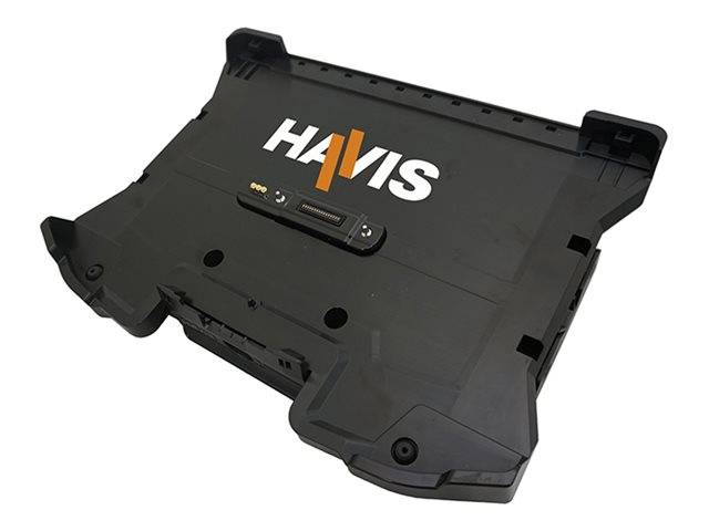 Schwarze Havis-Montageplatte oder Ausrüstungshalterung mit dem Havis-Logo auf weißem Hintergrund.