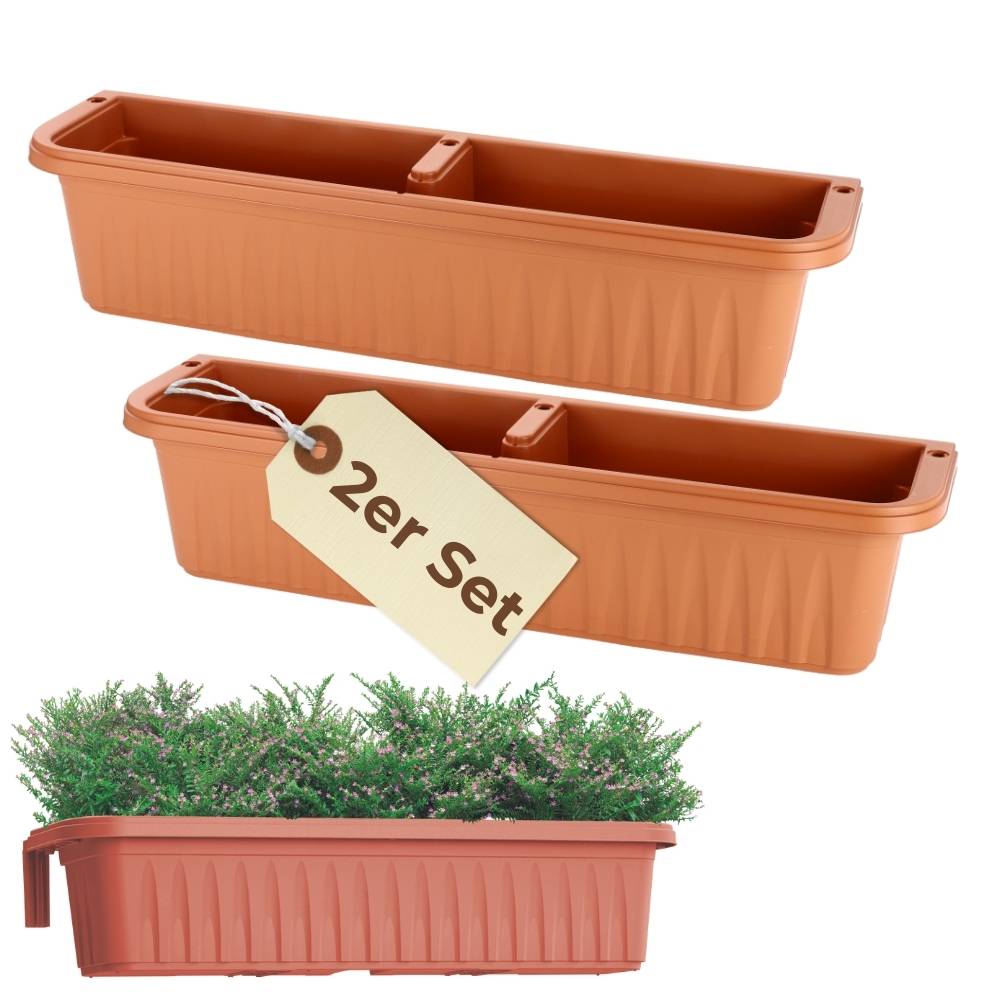 2er Set Blumenkasten Balkon Terracotta 80 cm Balkonkasten mit Halterung Pflanzkasten mit Wasserspeicher Blumenkasten Balkongeländer Geländerkasten
