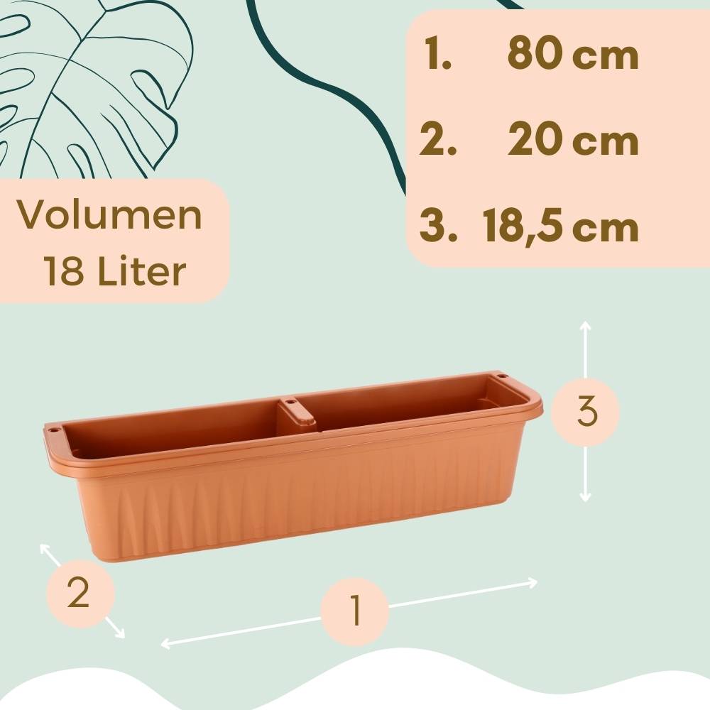 2er Set Blumenkasten Balkon Terracotta 80 cm Balkonkasten mit Halterung Pflanzkasten mit Wasserspeicher Blumenkasten Balkongeländer Geländerkasten