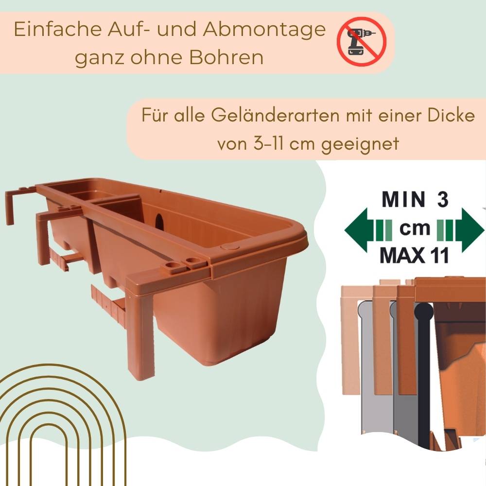 2er Set Blumenkasten Balkon Terracotta 80 cm Balkonkasten mit Halterung Pflanzkasten mit Wasserspeicher Blumenkasten Balkongeländer Geländerkasten