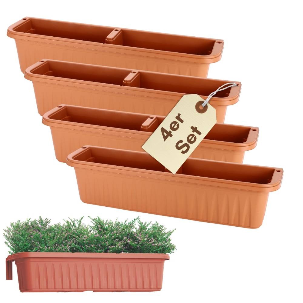 4er Set Blumenkasten Balkon Terracotta 80 cm Balkonkasten mit Halterung Pflanzkasten mit Wasserspeicher Blumenkasten Balkongeländer Geländerkasten