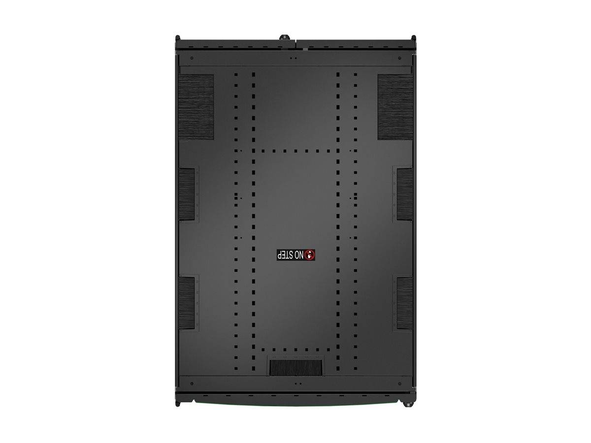 Rückansicht eines großen schwarzen Flachbildfernsehers oder Monitors mit Befestigungslöchern, Lüftungsschlitzen und einer Eingabepanelabdeckung.