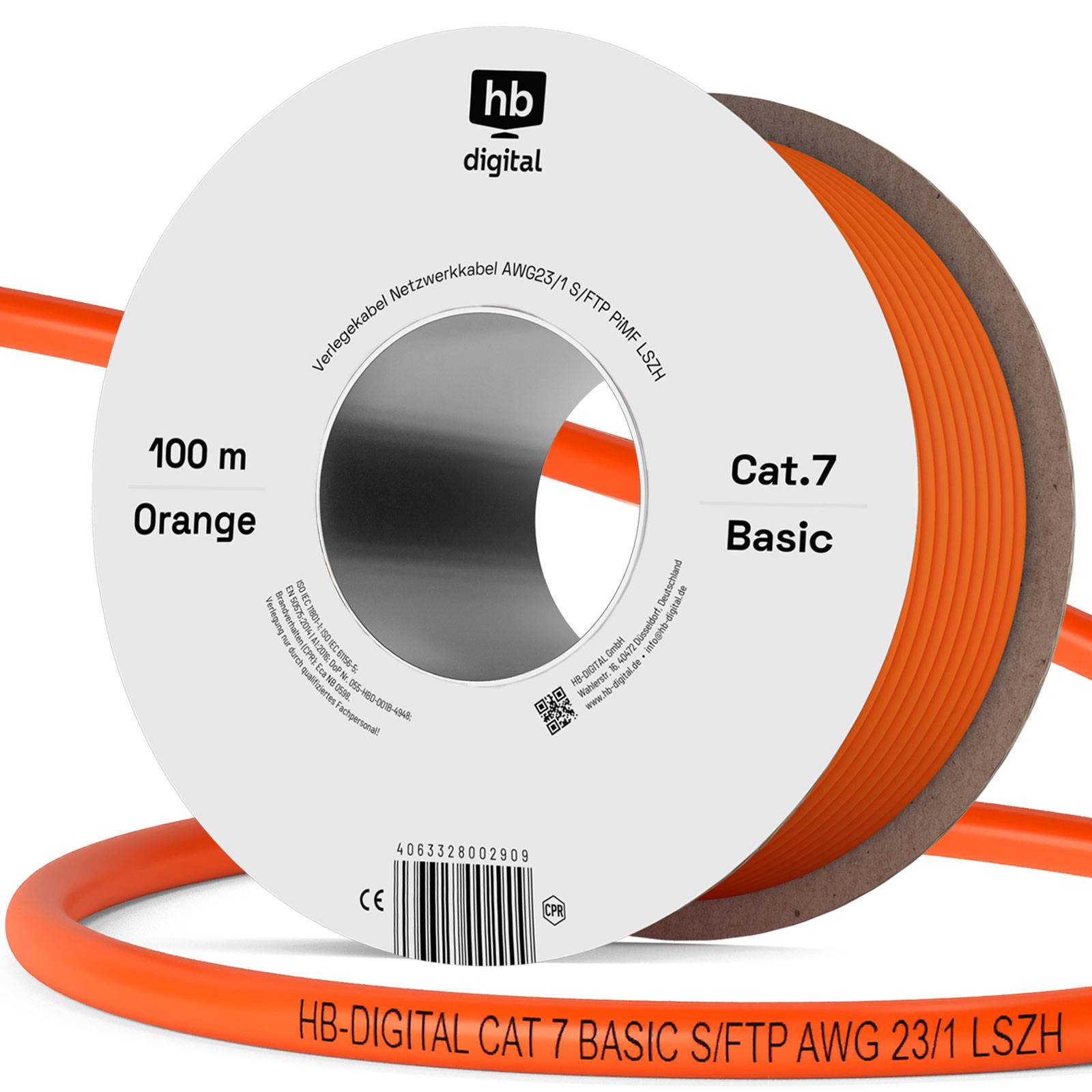 hb-digital CAT 7 Kabel BASIC Simplex 100m AWG23 S/FTP LSZH Class Eca LAN Kabel