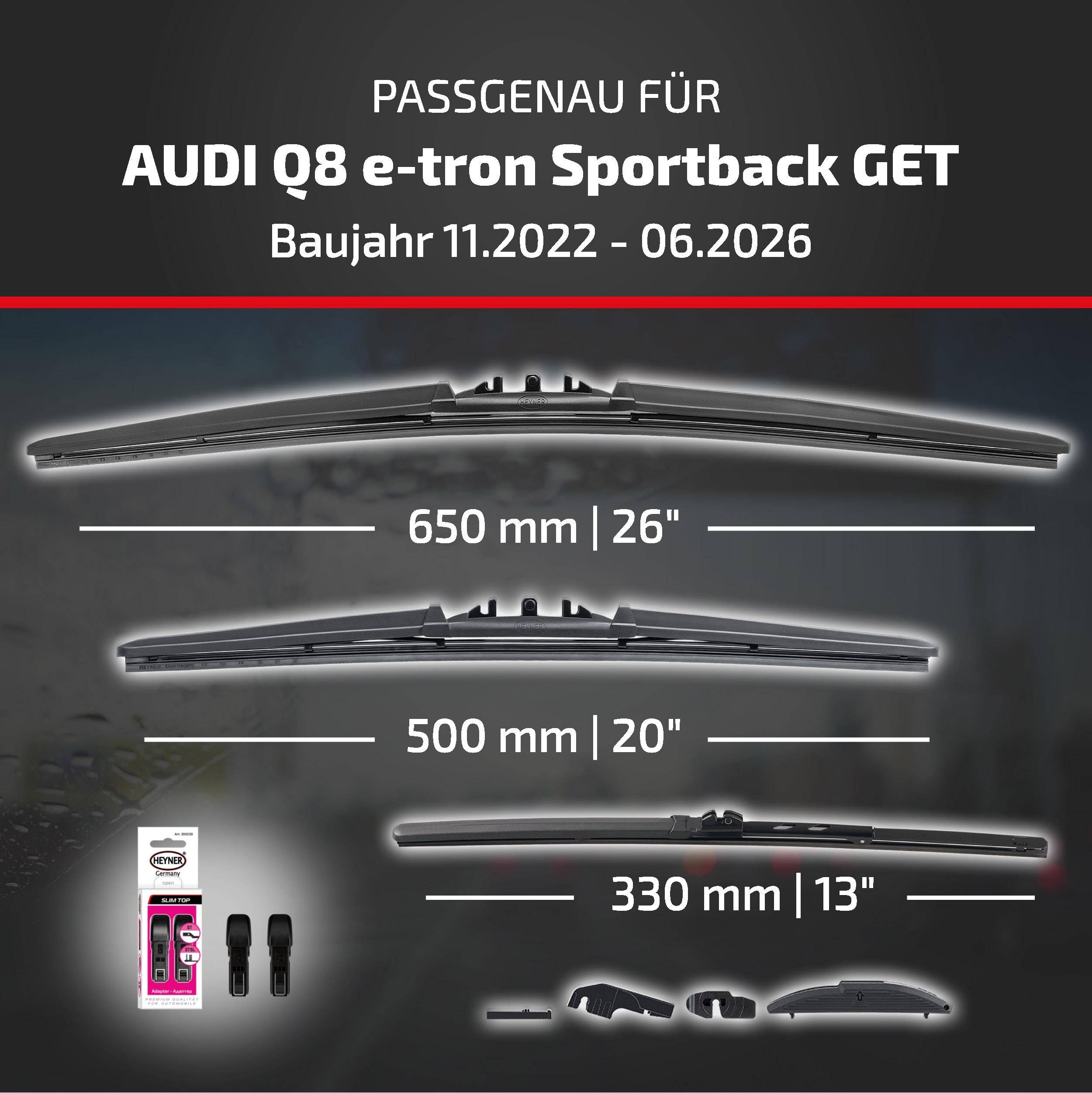 HEYNER® Scheibenwischer Komplettset für AUDI Q8 e-tron Sportback (11.2022 - 08.2026) HYBRID Flachbalkenwischer