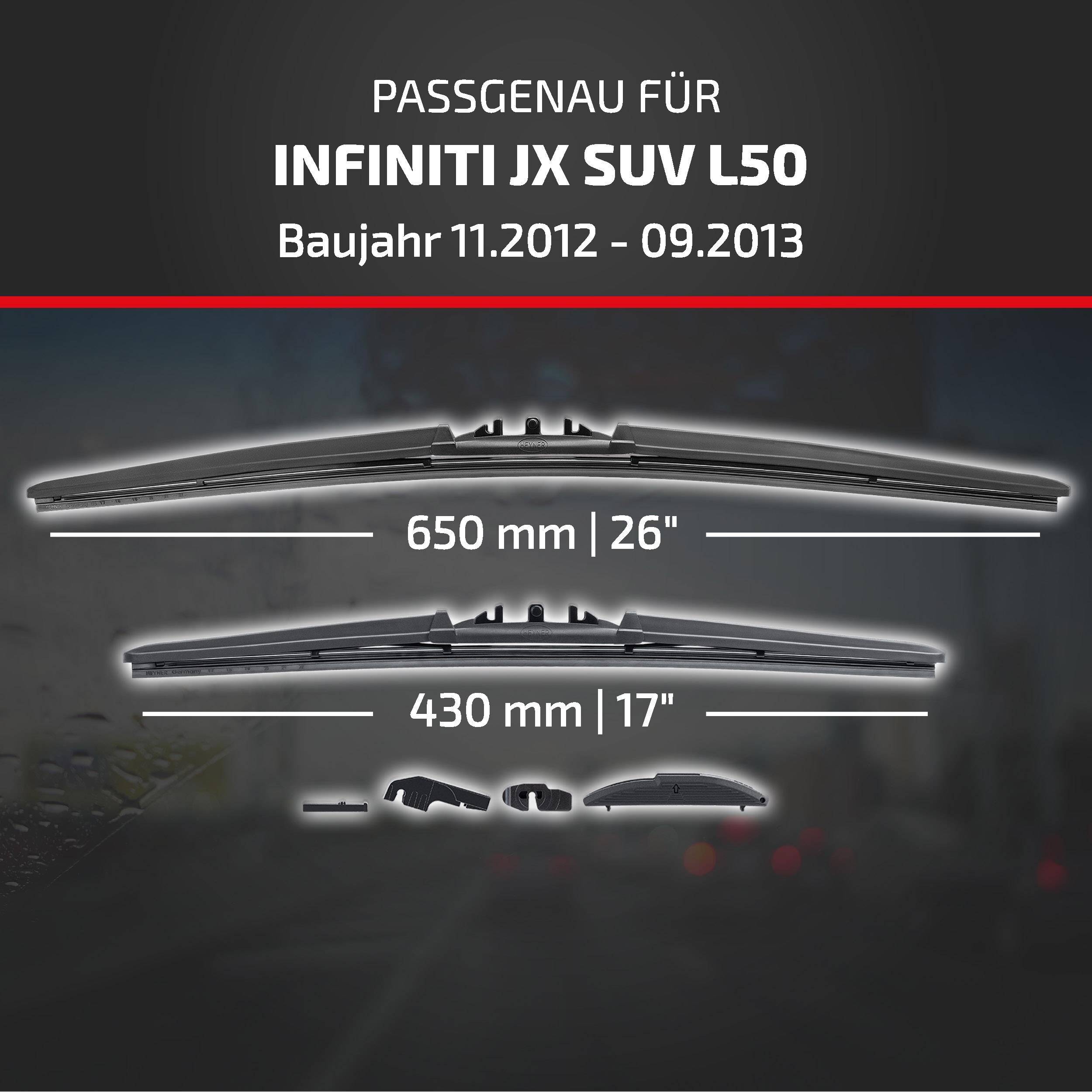 Kompatibilitätsgrafik für Infiniti JX SUV L50, Modelljahre 11/2012–09/2013, mit Angaben der Wischblattgrößen: 650 mm (26