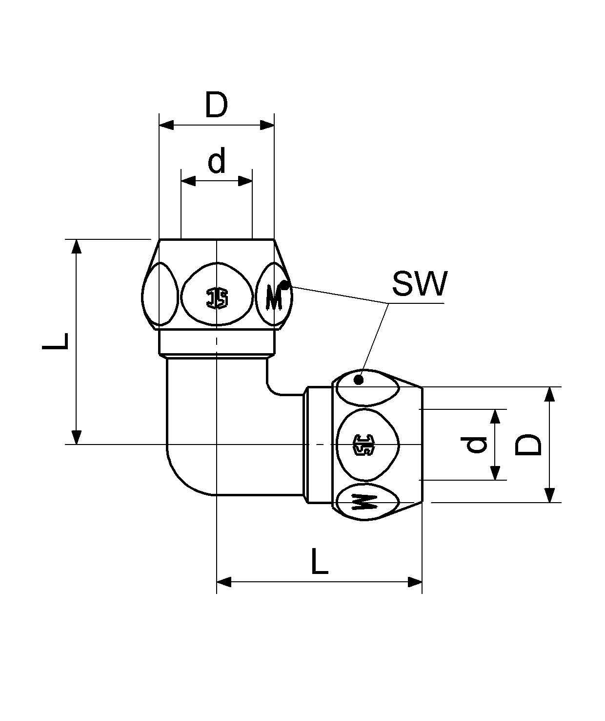 Technisches Diagramm einer L-förmigen Rohrverschraubung mit gekennzeichneten Abmessungen: D, d, L, SW. Die Zahlen 15 und 35 markieren zwei Seiten der Verschraubung.