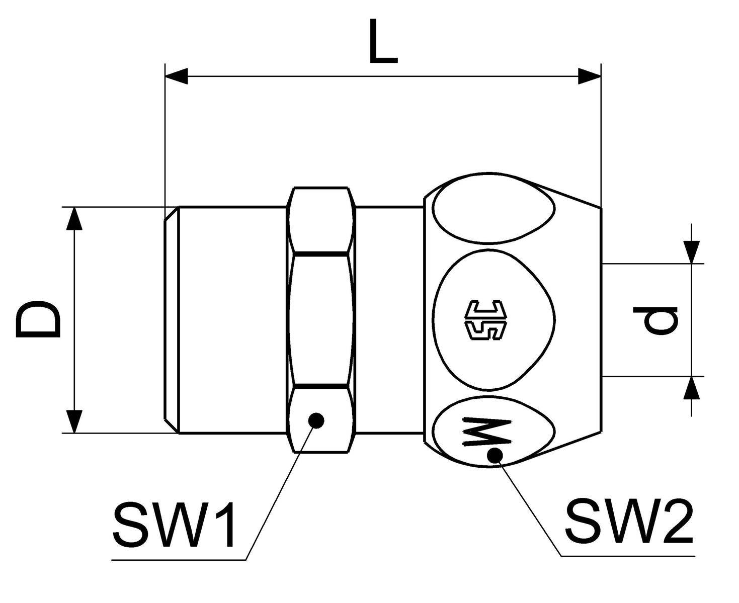 Technische Maßzeichnung eines Steckverbinders für Kabel, die Gesamtlänge L, Durchmesser D und Breite d mit gekennzeichneten Messpunkten SW1 und SW2 zeigt.