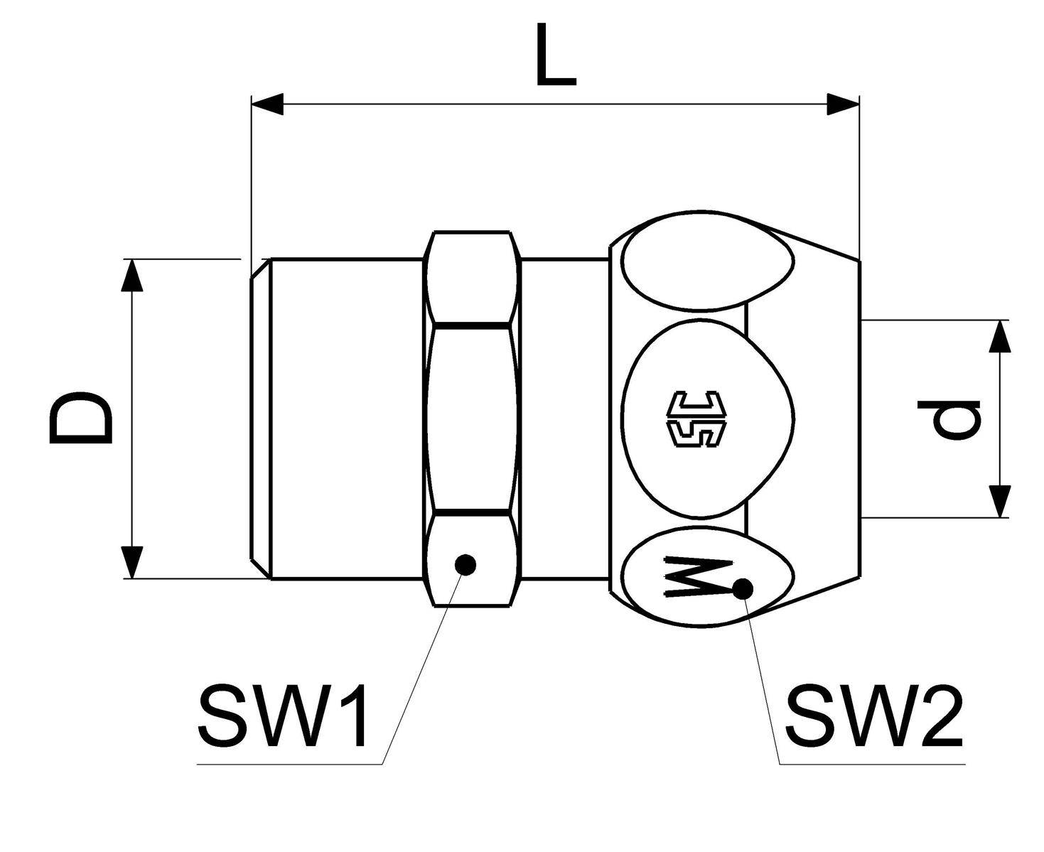 Technisches Diagramm eines zylindrischen mechanischen Teils mit gekennzeichneten Abmessungen L, D und d sowie Schalter-/Anschlussmarkierungen SW1 und SW2.