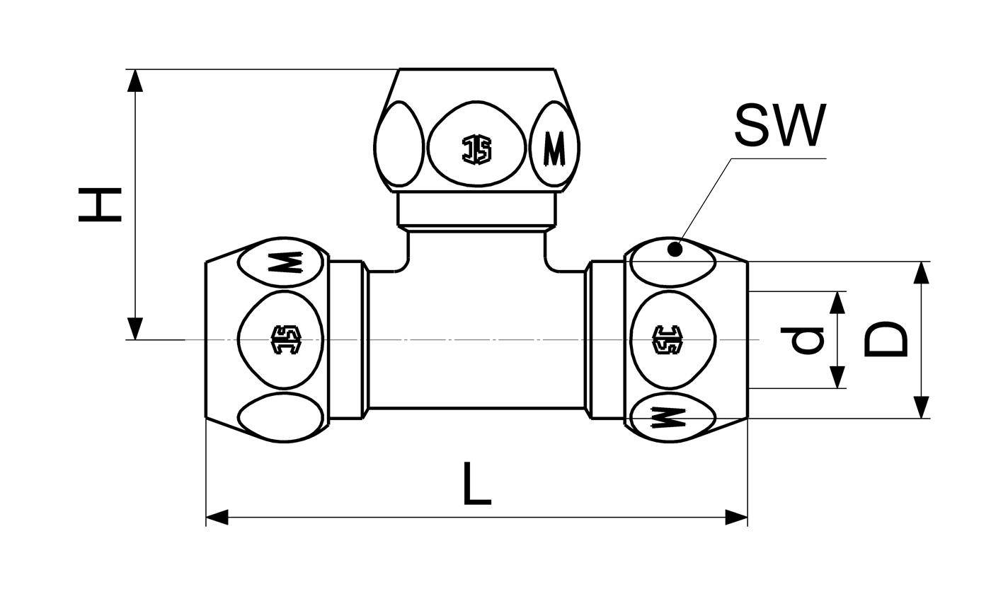 Technische Zeichnung eines Ventils/Rohrverschraubung mit Gesamtabmessungen H, L, D, d und Schlüsselweite SW.