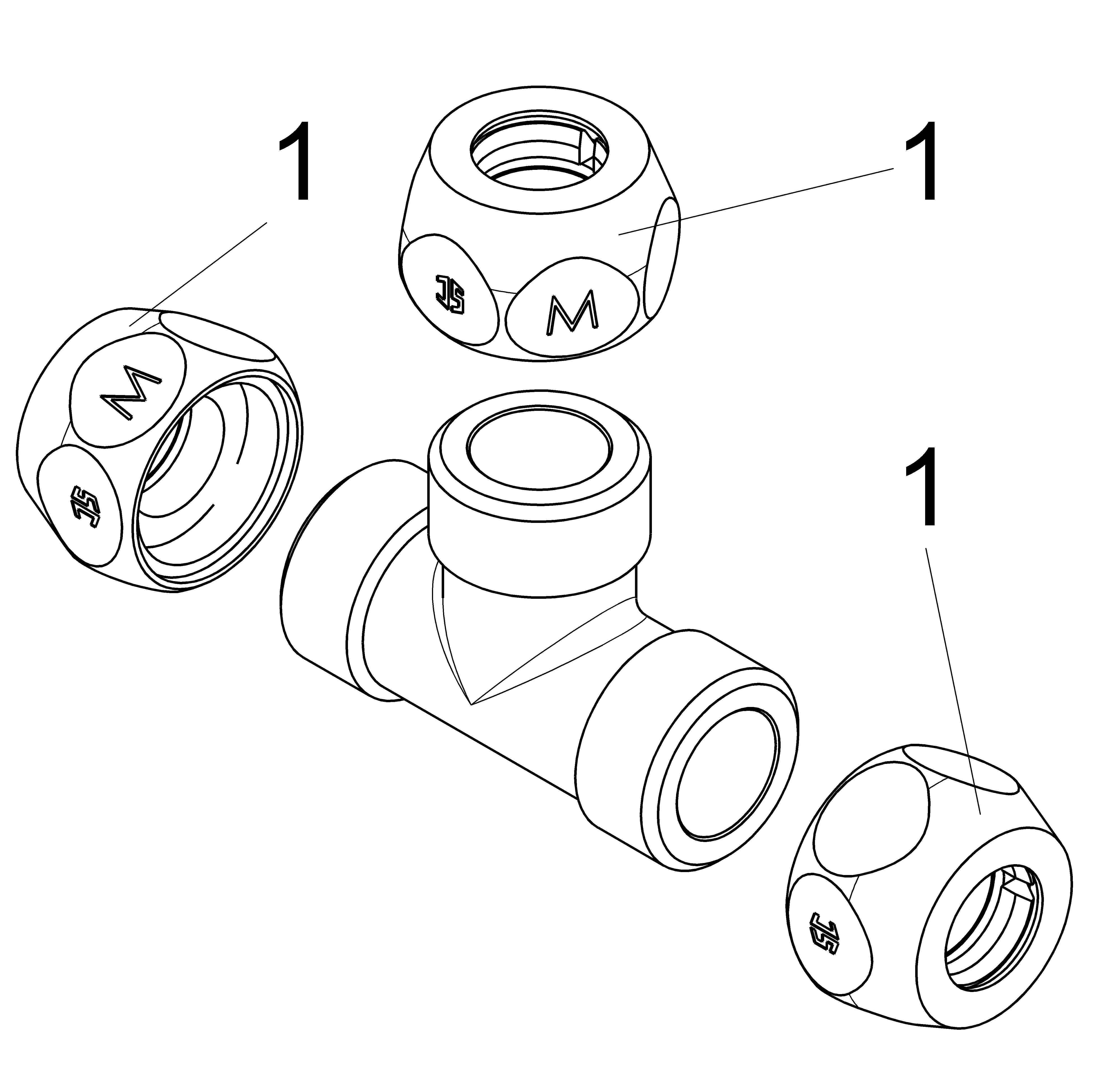JS T-STUECK M. 3 QUETSCHVERSCHR. DN12,1/2"x12MM,VERCHROMT