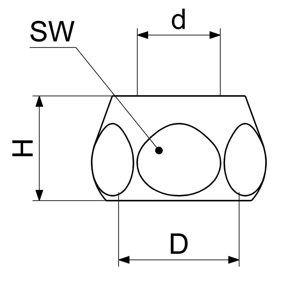 Technische Zeichnung eines Teils mit ovalen Enden, das die Abmessungen SW, H, D und d zeigt, mit einem Mittelpunkt, der durch eine Führungslinie gekennzeichnet ist.