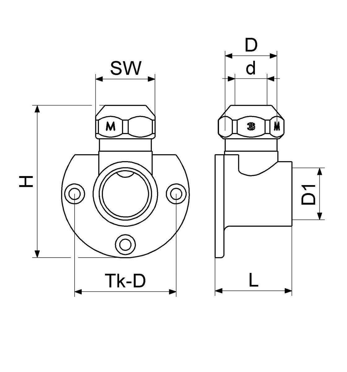 Technische Zeichnung einer mechanischen Verschraubung in Vorder- und Seitenansicht, mit beschrifteten Abmessungen H, SW, D, d, D1, L und Tk-D.