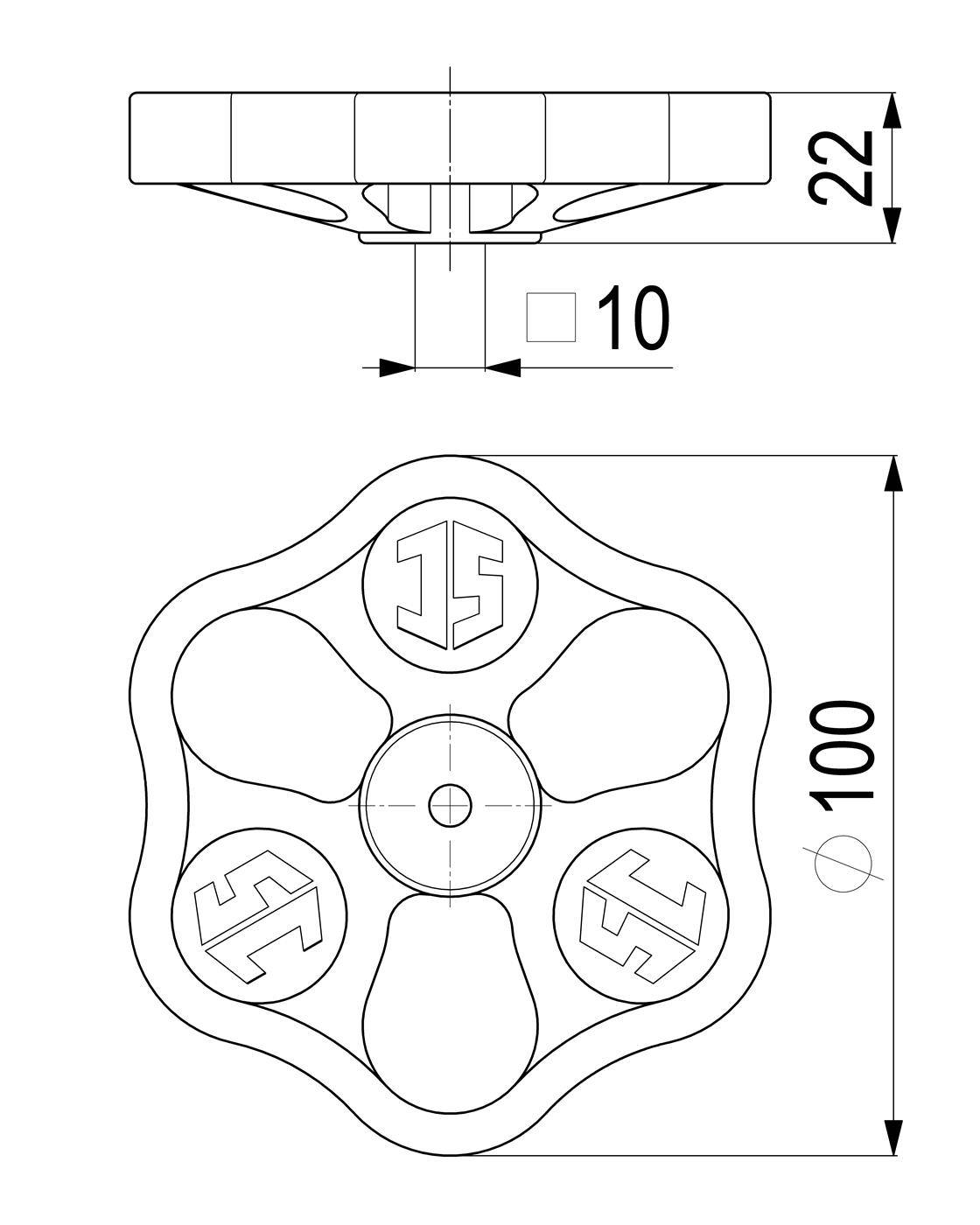 Technische Zeichnung eines fünflappigen Handrades/Drehknopfes, dargestellt in Vorder- und Seitenansicht, mit Abmessungen von 100 mm Durchmesser, 22 mm Höhe und 10 mm Mittelloch.