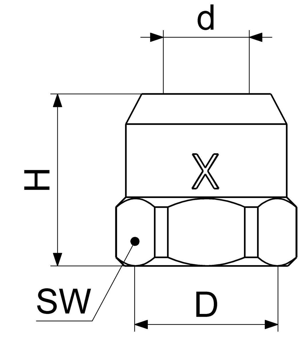 Technisches Diagramm einer Schraube oder Mutter mit beschrifteten Abmessungen H, d, SW und D, die Breite, Höhe und Durchmesser zeigen.