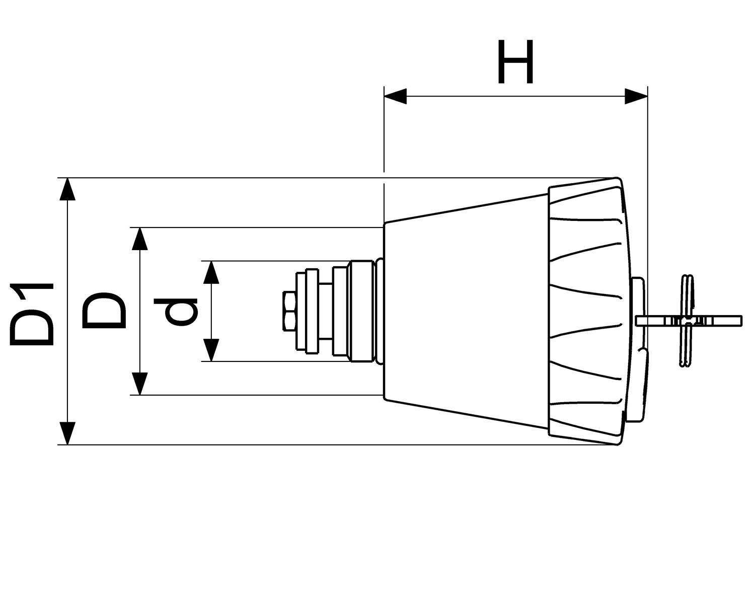 Technische Zeichnung eines konischen mechanischen Teils mit Dimensionsbezeichnungen D1, D, d und H, die Gesamt- und Querschnittsabmessungen zeigen.