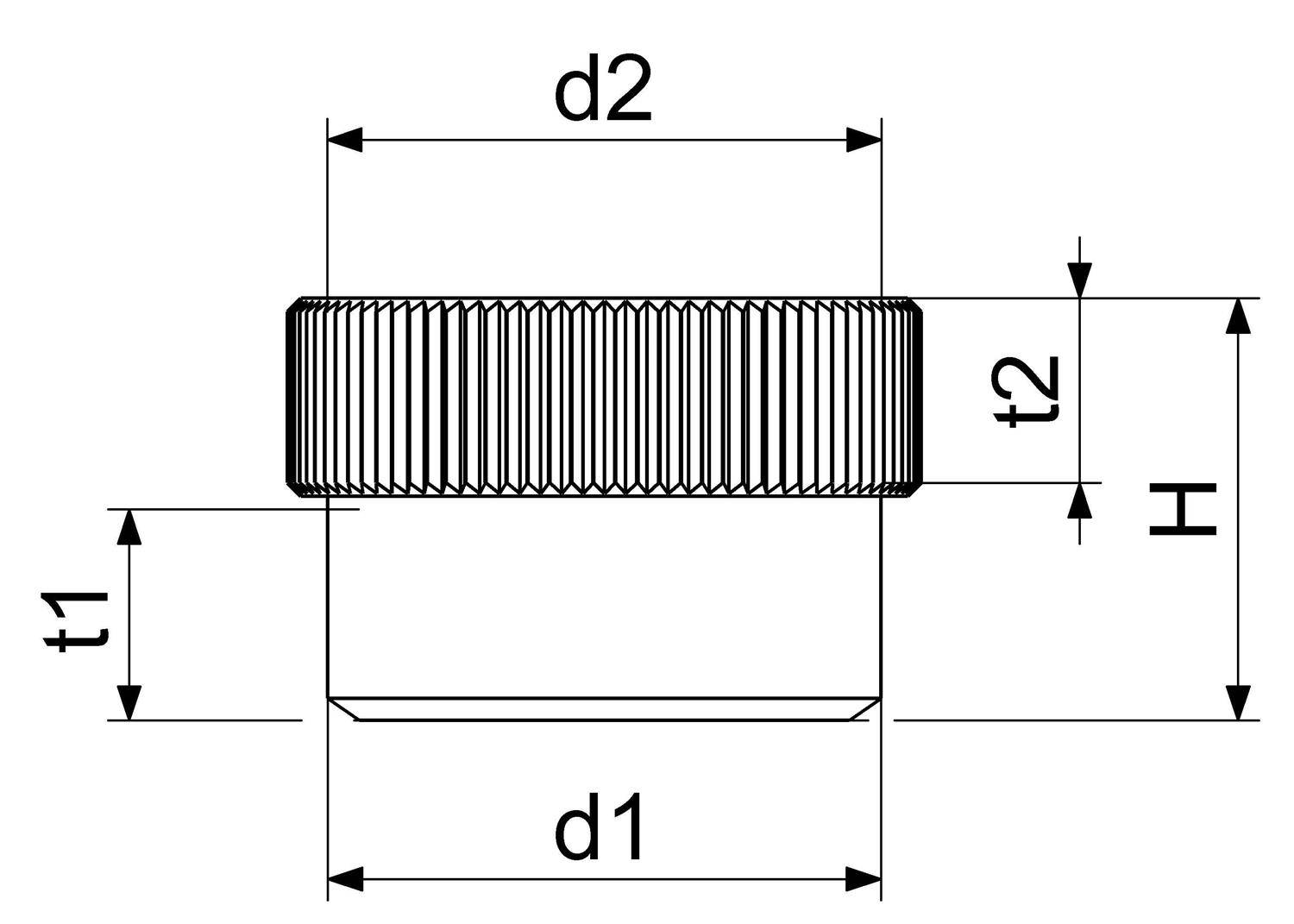 Technische Maßzeichnung einer zylindrischen gerillten Kappe oder eines Knaufs, gekennzeichnet mit den Maßen d1, d2, t1, t2 und H.