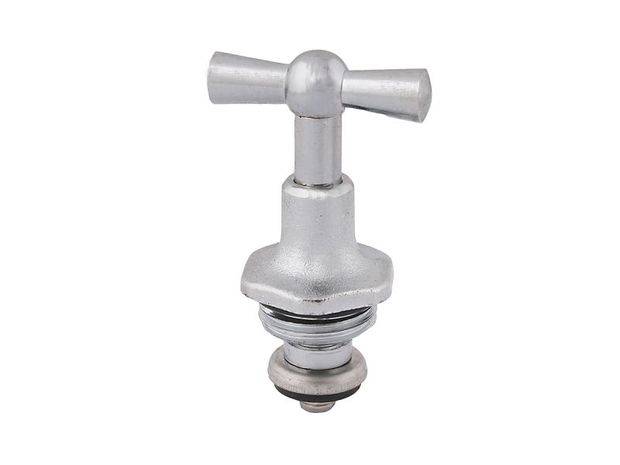 Silberner Metallhahnspindel mit Kreuzgriffdesign, verwendet zur Kontrolle des Wasserflusses in Sanitärarmaturen.