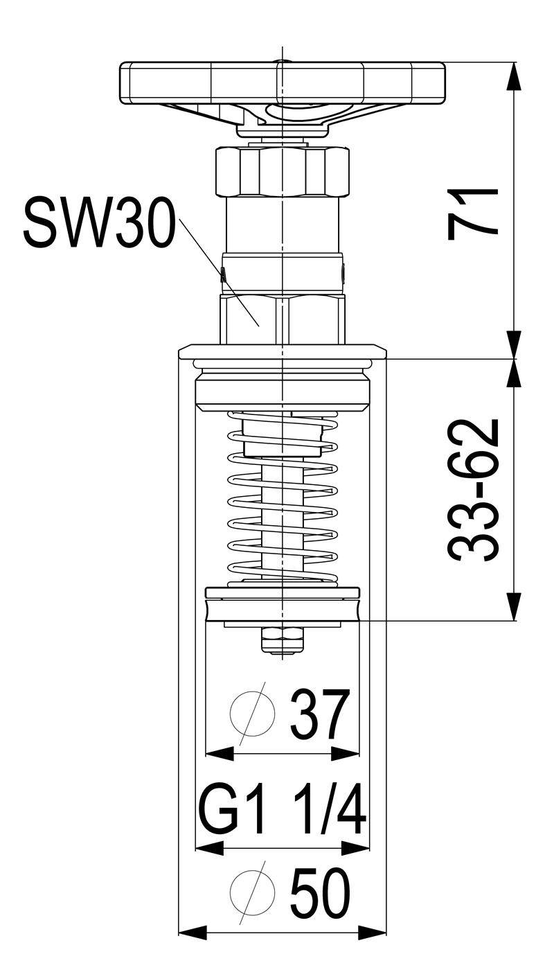 Technische Strichzeichnung einer Ventilbaugruppe mit Abmessungen: SW30, 71, 33-62, 37, G1 1/4 und 50.
