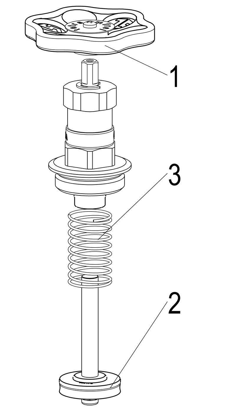 Explodierte technische Zeichnung einer federbelasteten Ventilbaugruppe mit drei gekennzeichneten Teilen: 1 Oberkopf, 2 Unterbasis, 3 Spiralfeder.