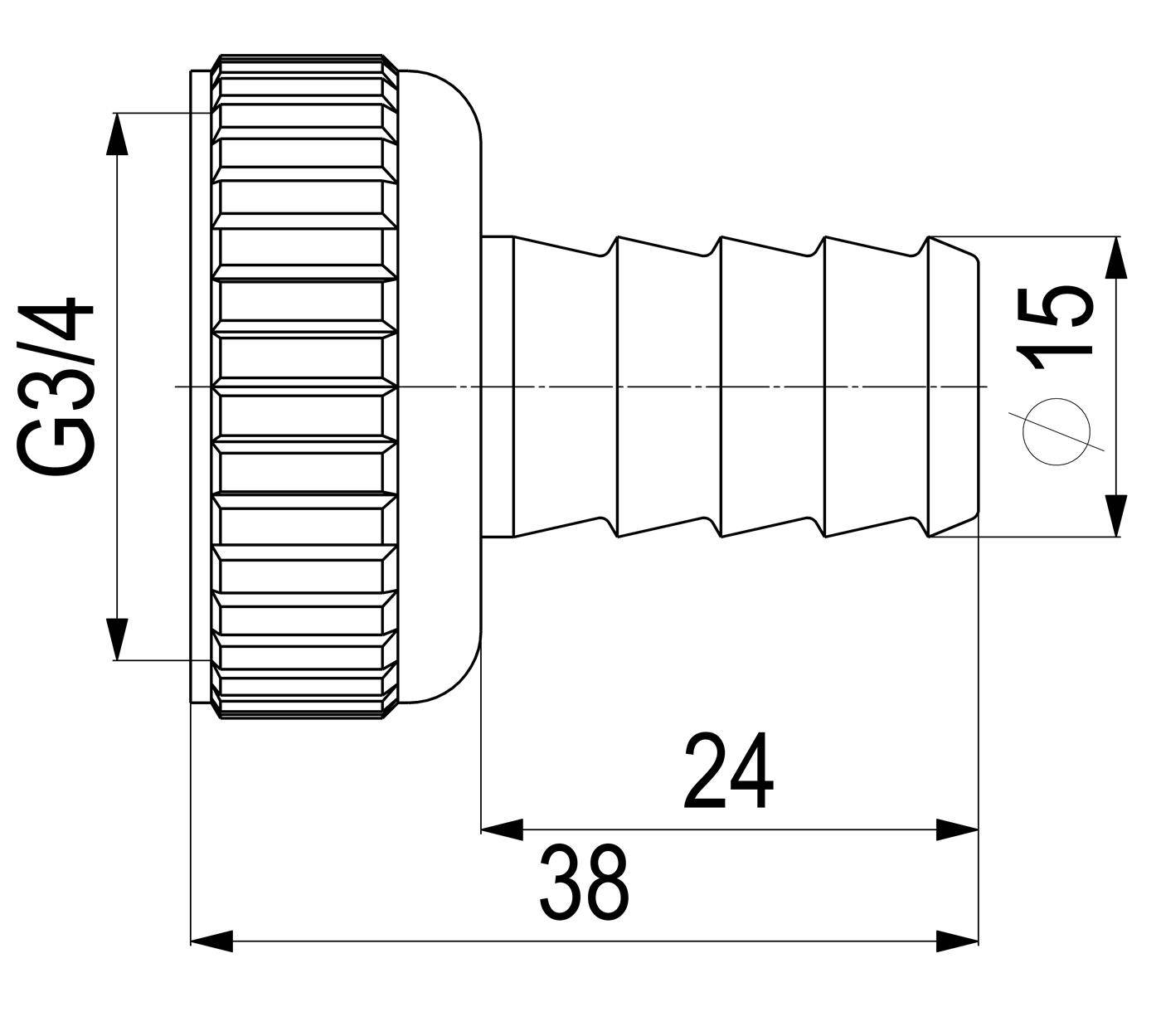 Technische Zeichnung einer Schlauchverschraubung mit Widerhaken mit G3/4 Gewinde, 15 mm Durchmesser, 24 mm Widerhakenlänge und 38 mm Gesamtlänge.