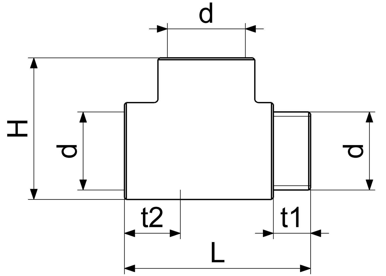 Technische Maßstabzeichnung eines abgestuften Zylinderbauteils mit den Bezeichnungen H, d, L, t1 und t2, die Gesamt- und Schnittmaße zeigt.
