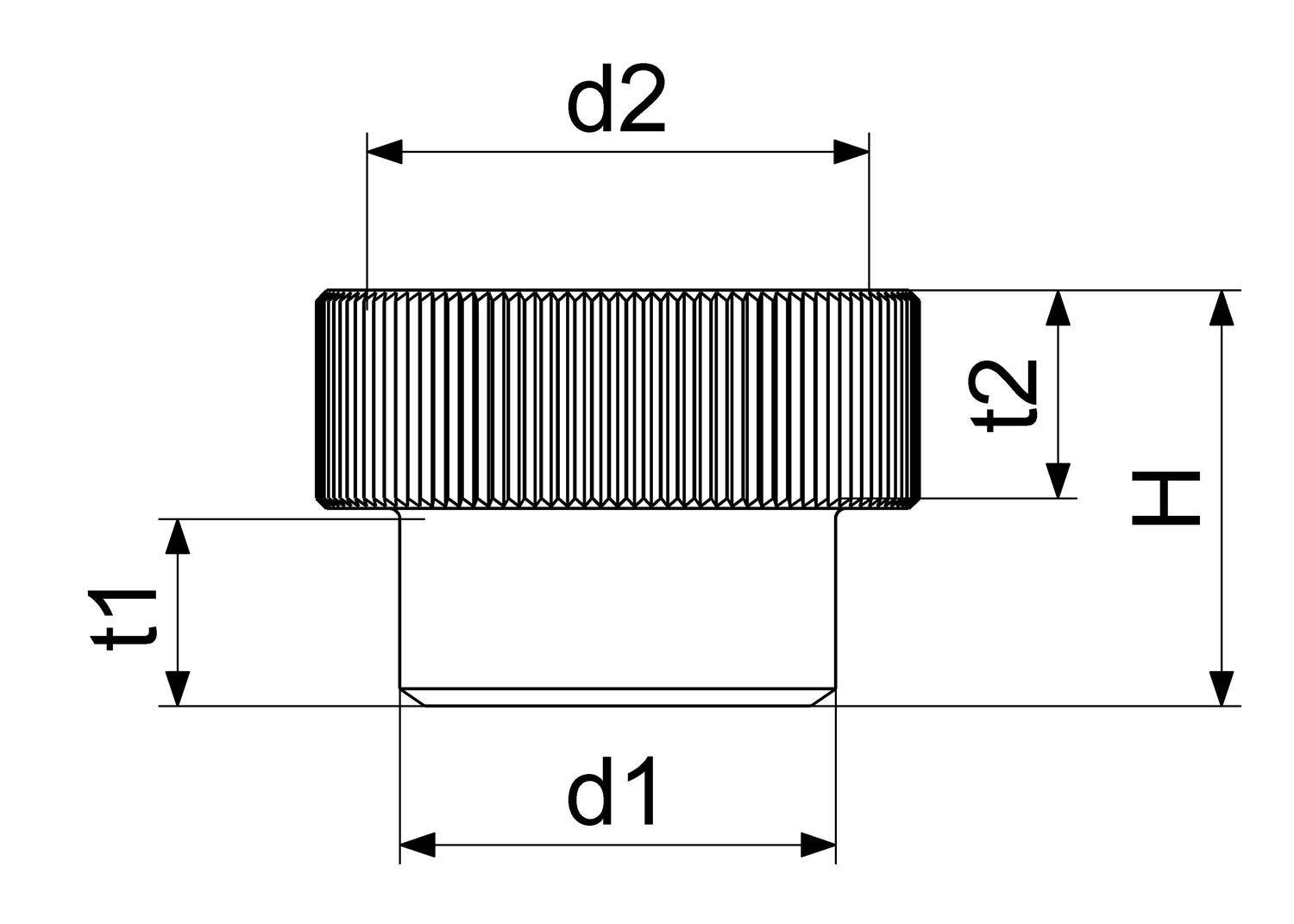 Technische Zeichnung einer gerillten zylindrischen Befestigung mit den Abmessungen d1, d2, t1, t2 und H mit beschrifteten Messlinen.