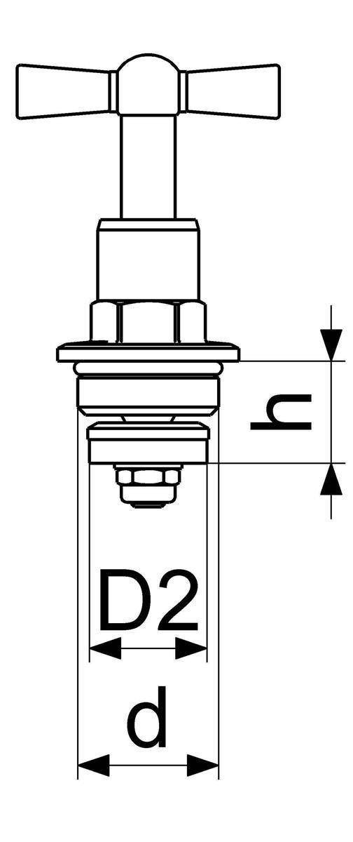 Technisches Diagramm einer Befestigung mit den Abmessungen D2 und d und der vertikalen Höhe h, die durch Pfeile angezeigt wird.
