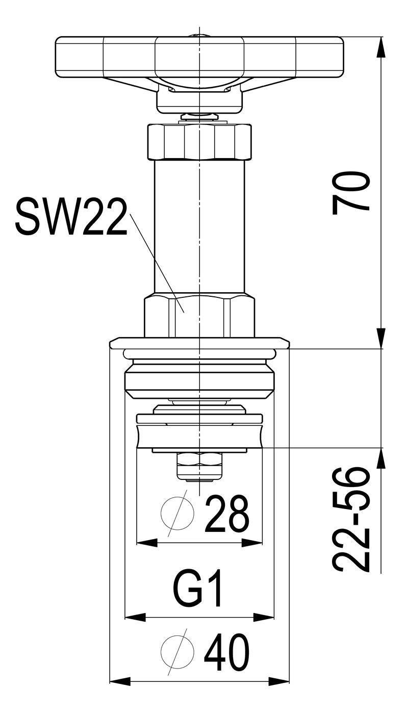 Technische Zeichnung eines Ventils/Anschlusses mit Abmessungen gekennzeichnet als SW22, 70, 22-56, G1, 28 und 40, die Gesamtgröße und Gewindeabmessungen zeigen.