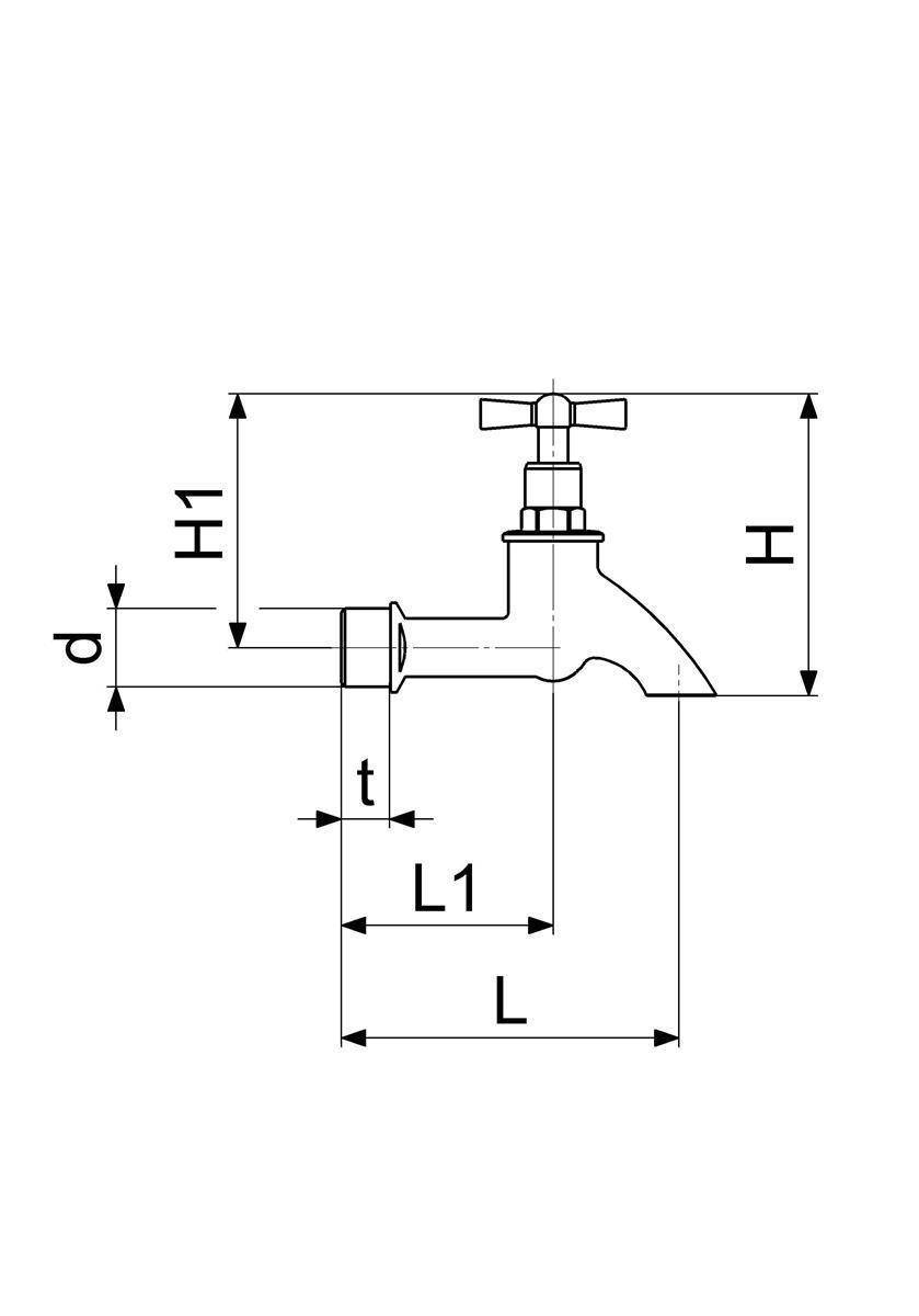 Technische Strichzeichnung eines Wasserhahns mit Bemaßungsbeschriftungen H, H1, L, L1, d und t, die seine gemessene Höhe, Länge und Rohrgröße zeigen.
