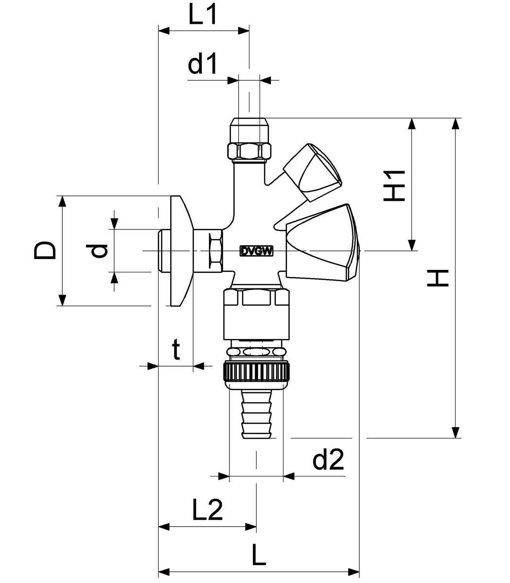 Technische Maßzeichnung eines Ventils/Verbinders, Seitenansicht mit beschrifteten Abmessungen L, L1, L2, H, H1, D, d, d1, d2 und t.