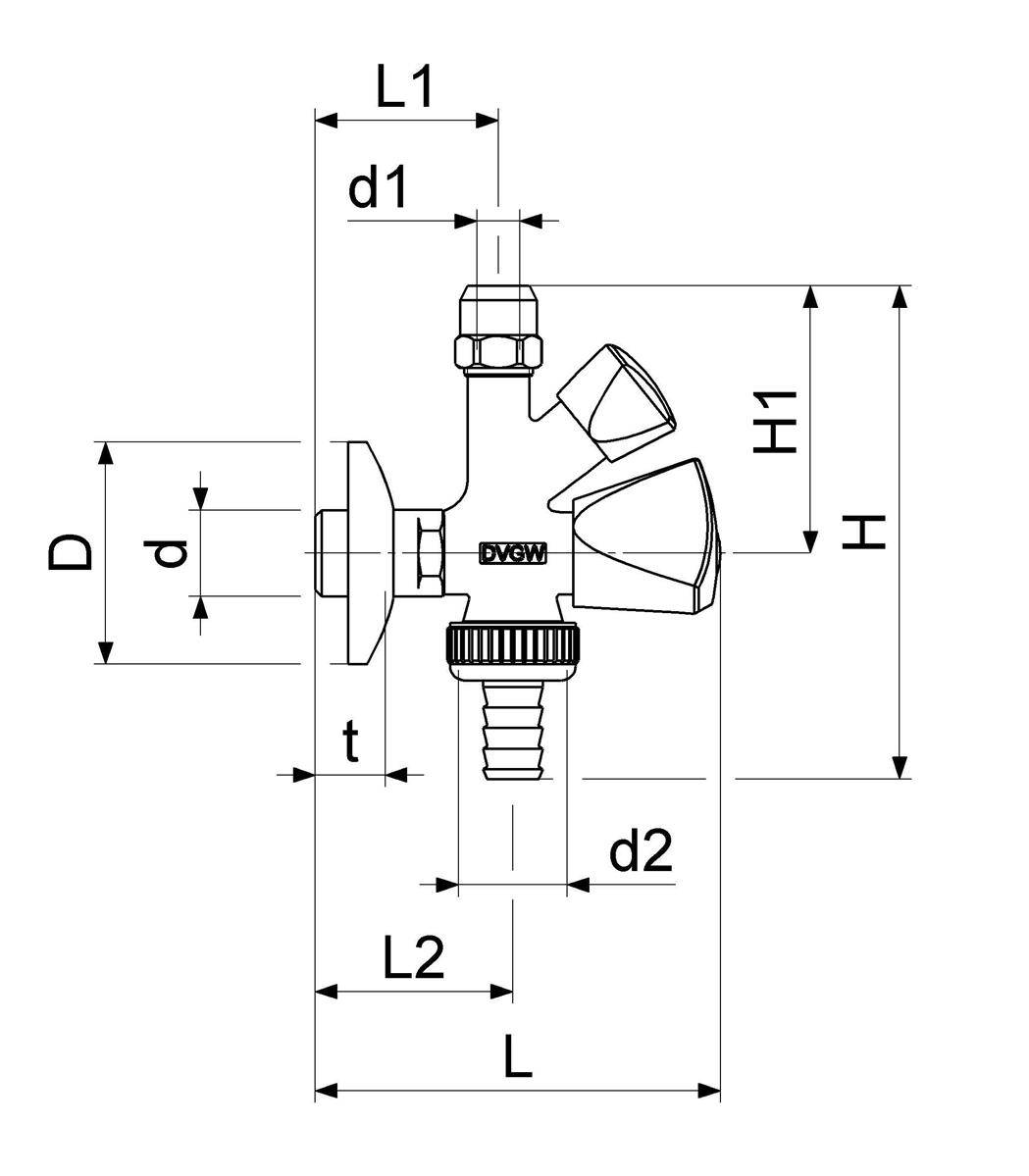 Technische Linienzeichnung einer Ventilarmatur mit Bemaßungspfeilen und Kennzeichnungen L, L1, L2, H, H1, D, d, d1, d2 und t, die die Gesamtgröße und Anschllusspunkte zeigen.