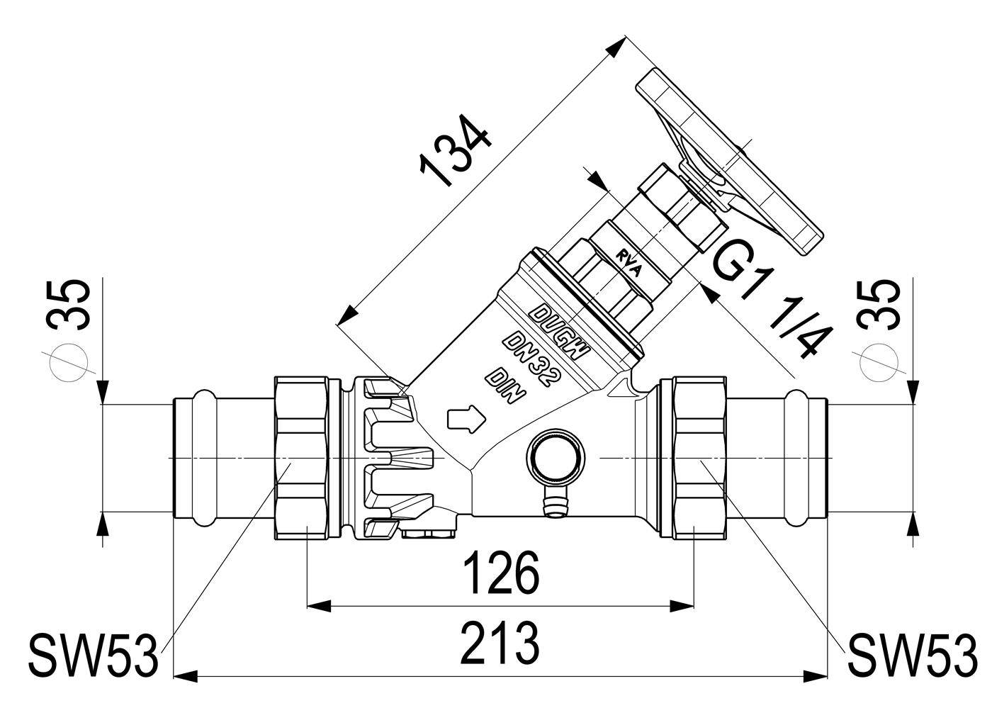Technische Zeichnung eines Y-Musters-Ventils mit Handrad, zeigend die Abmessungen: 213 mm Gesamtlänge, 134 mm Höhe, 126 mm Körperlänge, 35 mm Enden und G1 1/4 sowie DN32 Bezeichnungen.