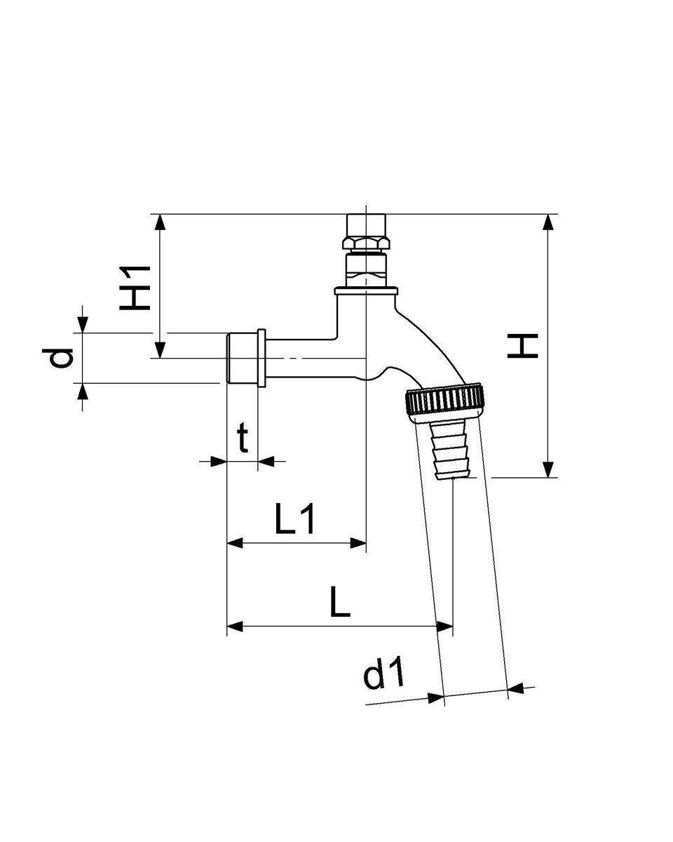 Technische Strichzeichnung eines Wasserhahns oder Ventils mit beschrifteten Abmessungen H, H1, L, L1, d, d1 und t zur Größenreferenz.