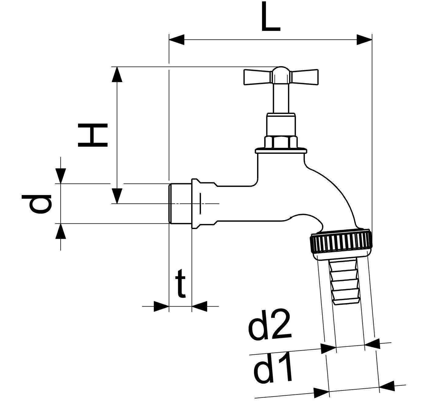 Technische Zeichnung eines Wasserhahns mit beschrifteten Abmessungen L, H, d, t, d1 und d2 für Größen- und Passungsmessungen.