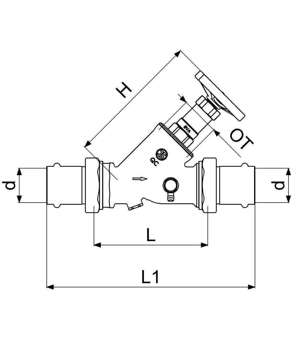 Technische Zeichnung eines Y-Filters mit Seitenansicht und beschrifteten Abmessungen H, OT, L, L1 und d.
