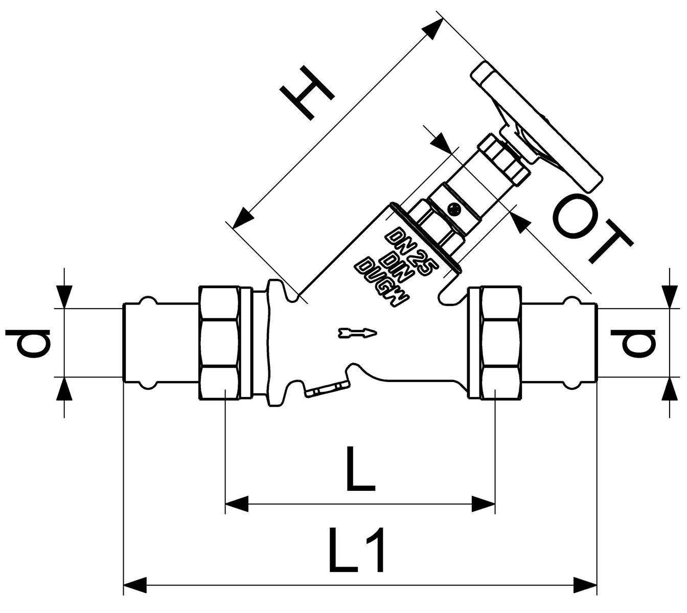 Technische Strichzeichnung eines geneigten Rohrventilanschlusses mit beschrifteten Abmessungen H, L, L1, d und OT, wobei die Größenmarkierungen DN25/DN32/DN40 angezeigt werden.