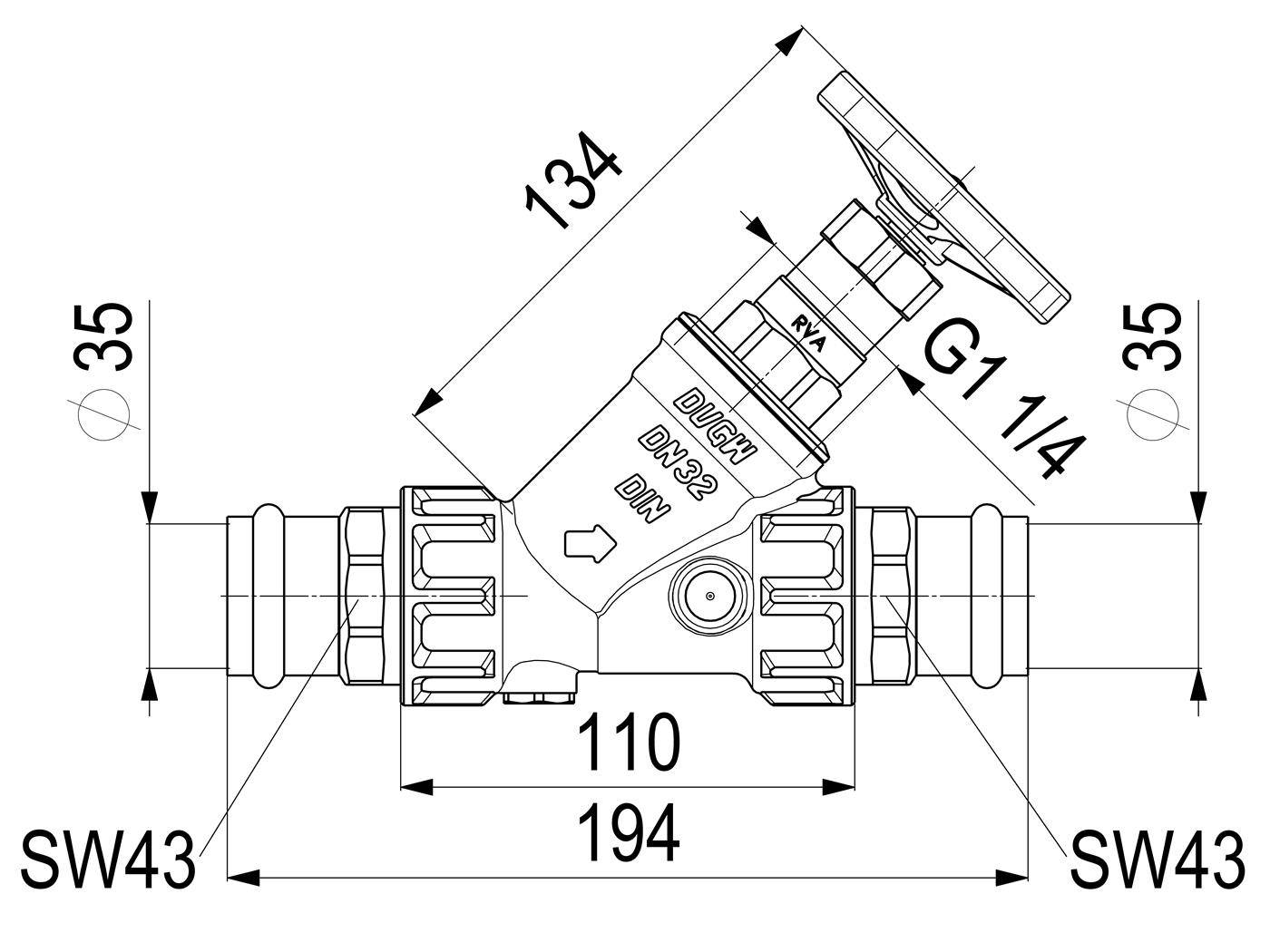 Technische Zeichnung eines abgewinkelten Rohrventils/Siebes, das die Abmessungen 194 mm Breite, 134 mm Höhe, 35 mm Rohrgröße und SW43-Anschlüsse zeigt.