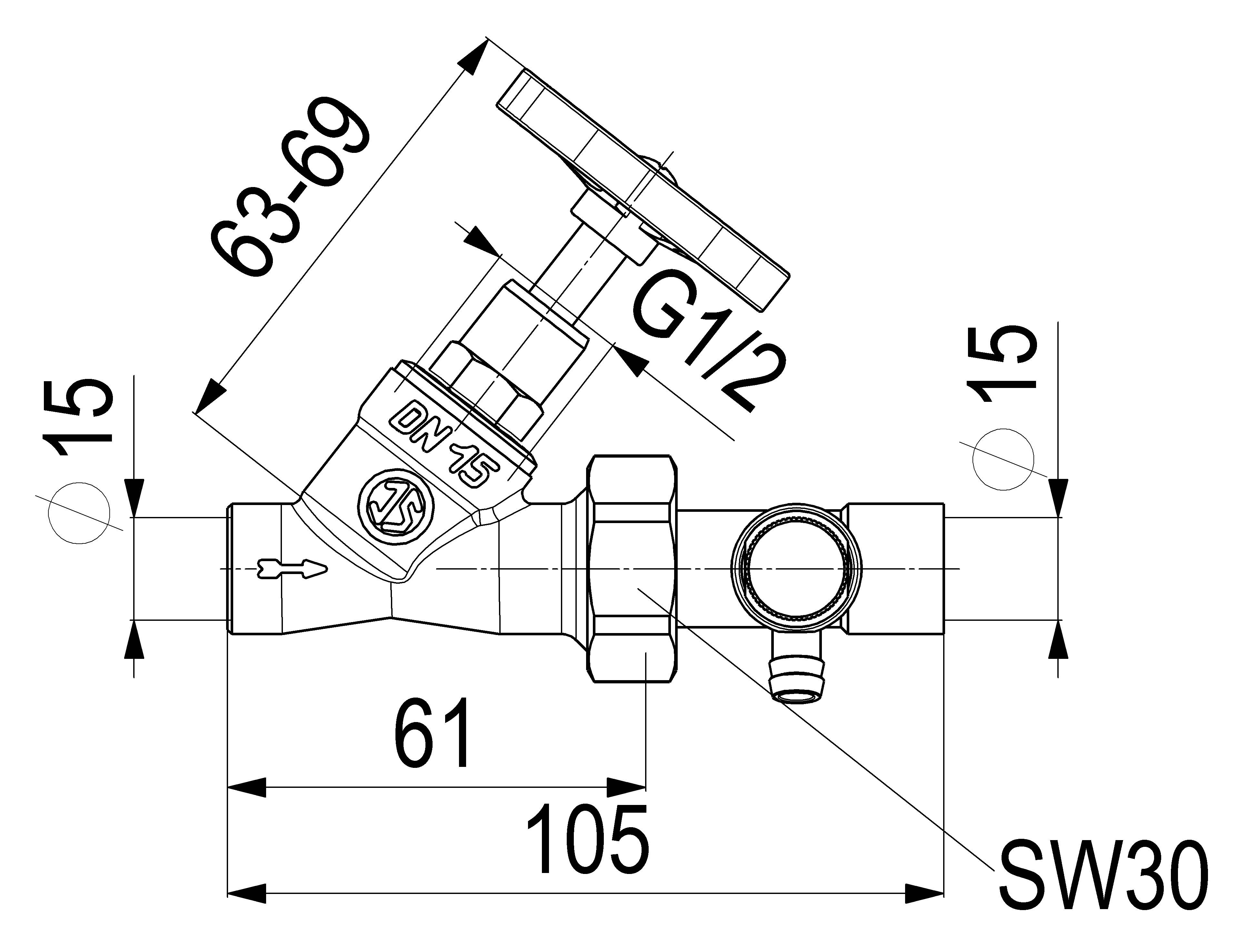 JS SCHRAEGSITZVENTIL, MIT ENTL. IN LOETV.AUSGANG, ST.SP, DN15, LOET15