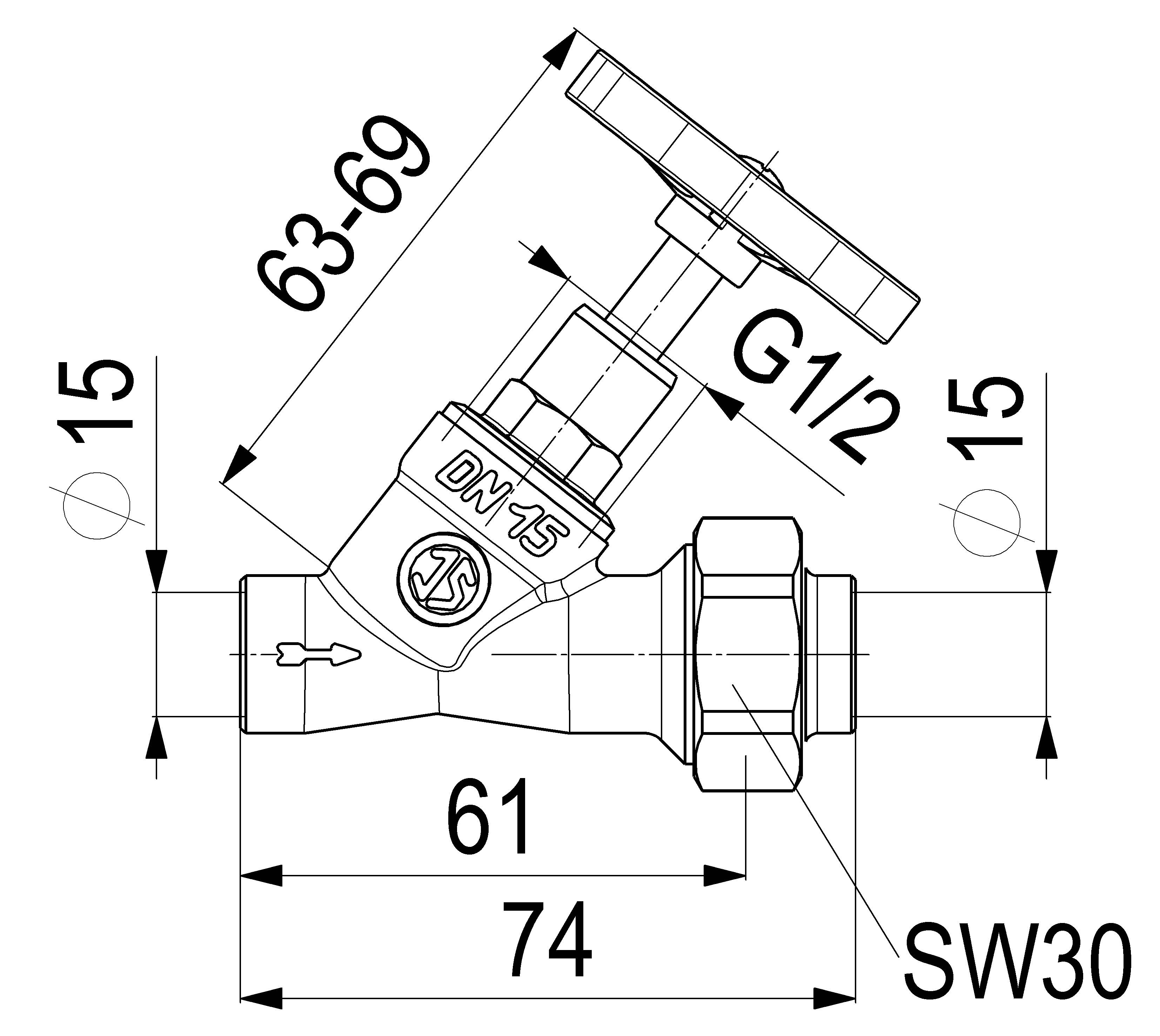 JS SCHRAEGSITZVENTIL, O.ENTLEERUNG LOETV.IM AUSG, ST.SP.DN15, LOET15