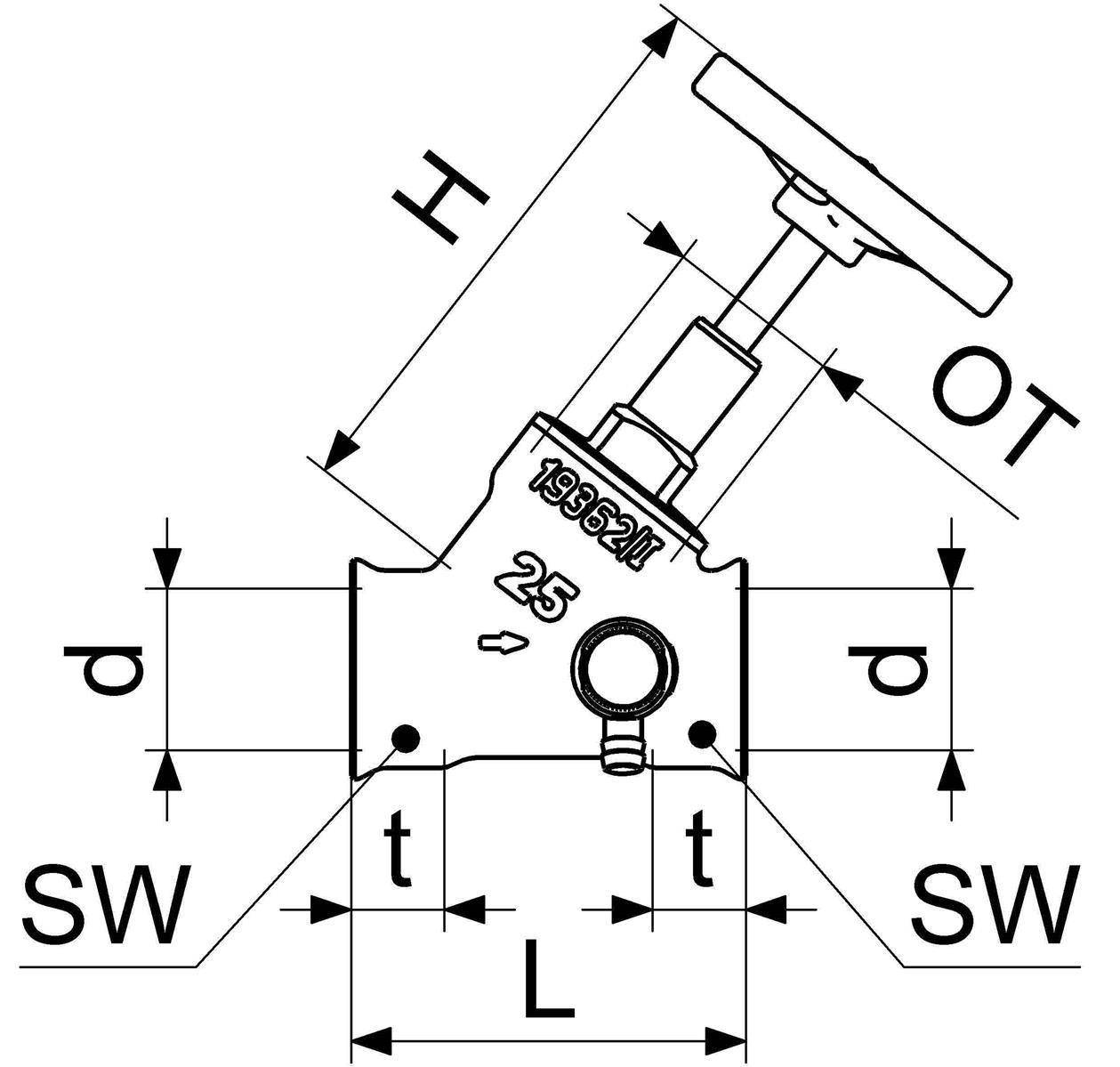 Technisches Ventildimensionsdiagramm mit einem mit Handrad ausgestatteten Ventil, bezeichnet mit 18352H und 25, mit den Abmessungen H, OT, L, d, t und SW, die durch Pfeile gekennzeichnet sind.