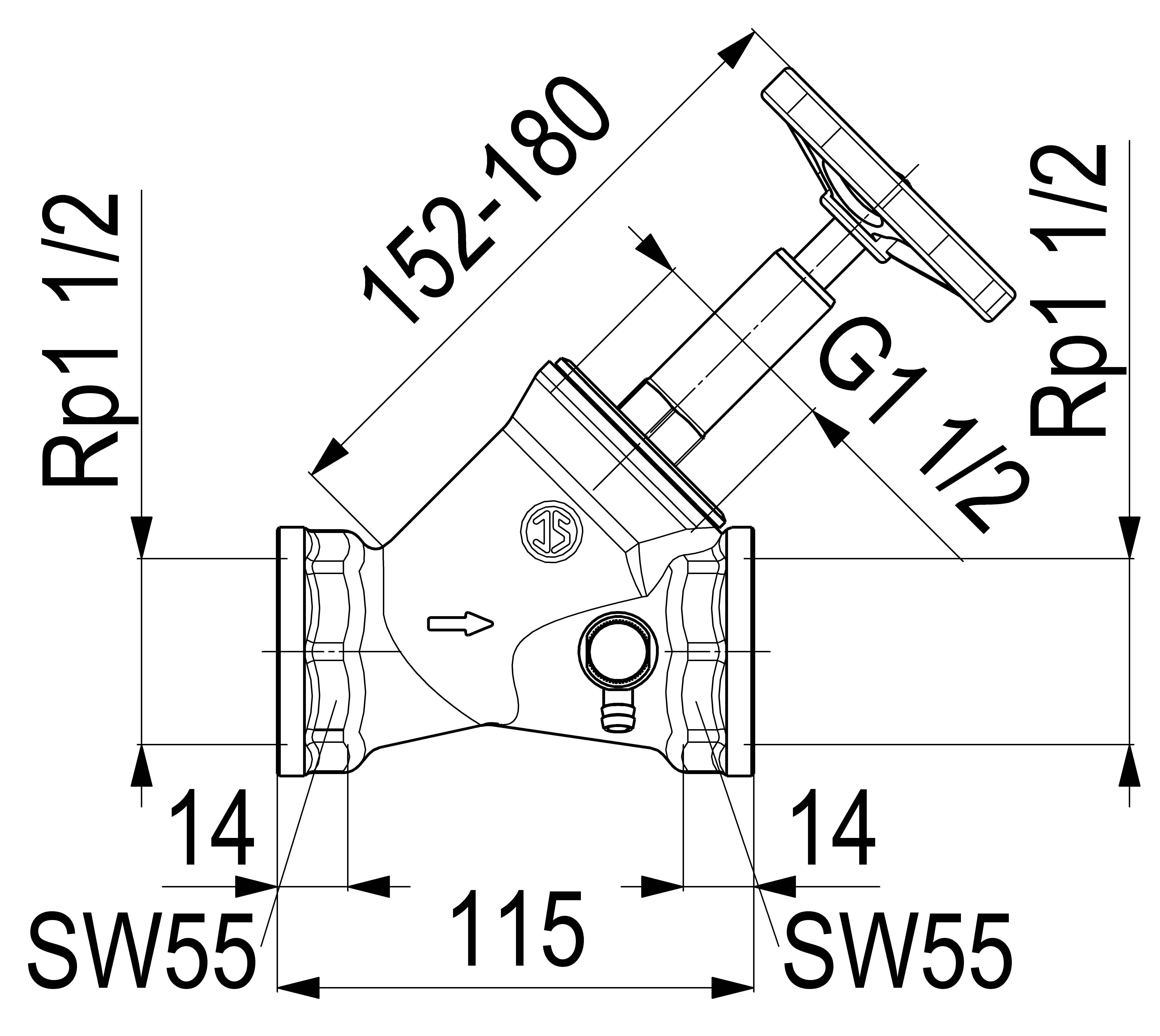JS SCHRAEGSITZVENTIL,M.ENTLEERUNG STEIGENDE SPINDEL,DN40,IG 1 1/2"
